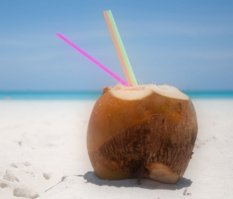 healthy coconut beverage on tropical beach